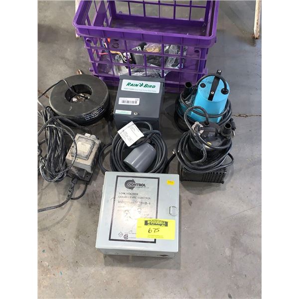 Lot of assorted submersible pumps, controls, floats and misc