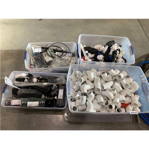 Lot of 4 bins assorted plumbing, abs, hose, fittings, etc