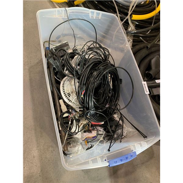 Tote of assorted cords, wire, fitting and misc.