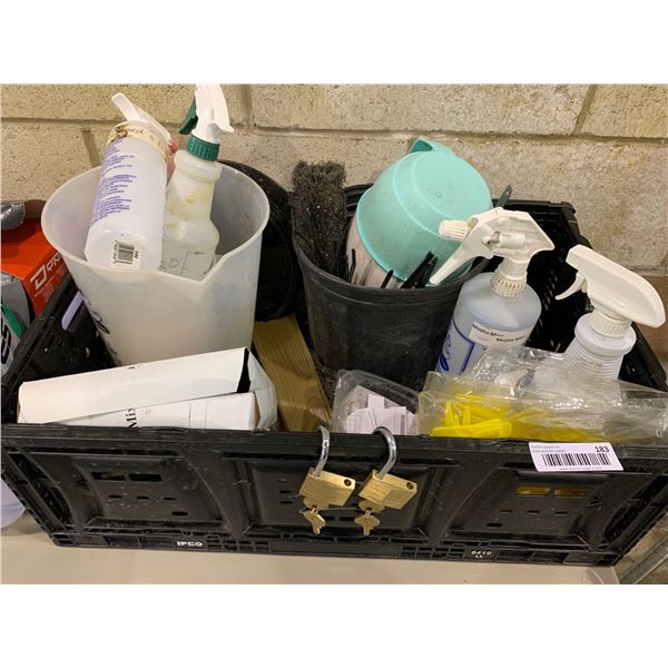 Bin of assorted cleaning supply and locks