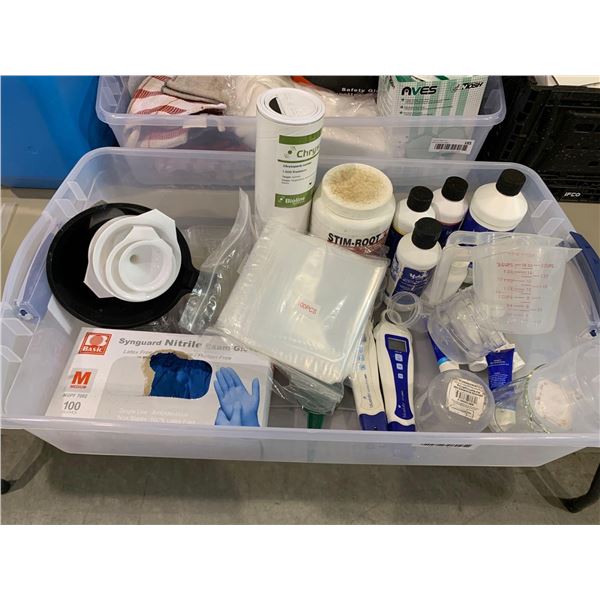 Bin of assorted chemical, enhancers and meauring