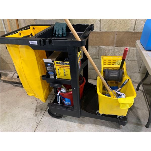 Rubbermaid Rolling Chambermaid cleaning dolly with mop bucket and supplies