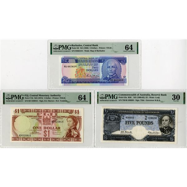 Barbados, Australia, and Fiji Issued Banknote Trio, ND (1960-80)
