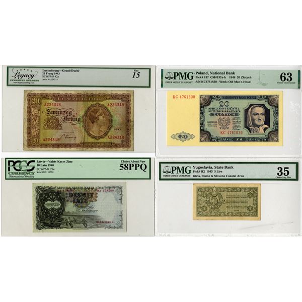 WWII Era Eastern European Banknotes from Poland, Latvia, Luxembourg, and Yugoslavia. Ca.1940-48.