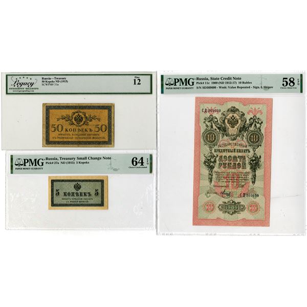 Russian Banknote Trio, ca.1909 to 1917.