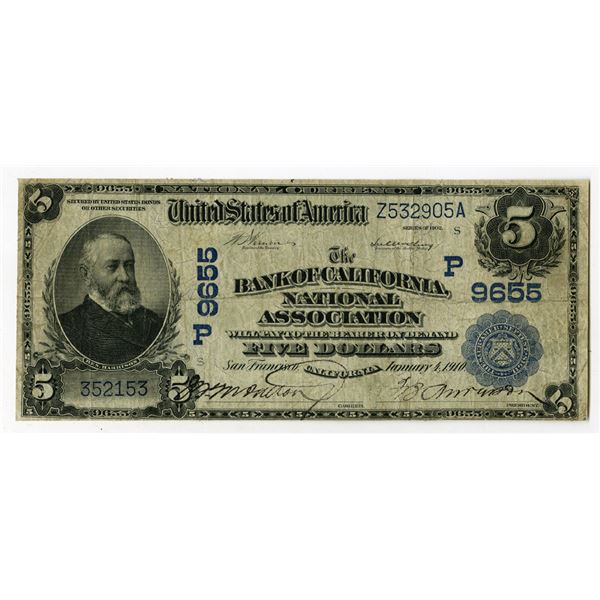 San Francisco, California. Bank of California, National Association, $5 DB, Series of 1902, Charter 