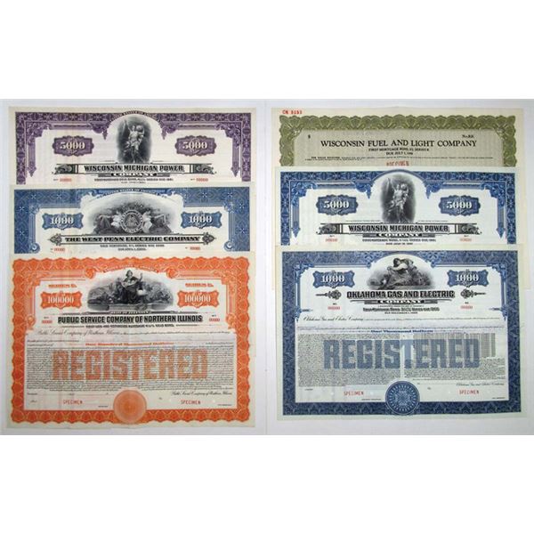 Illinois, Oklahoma, Maryland, Texas, and Wisconsin Assortment of 9 Specimen Utilities Bonds, ca. 190