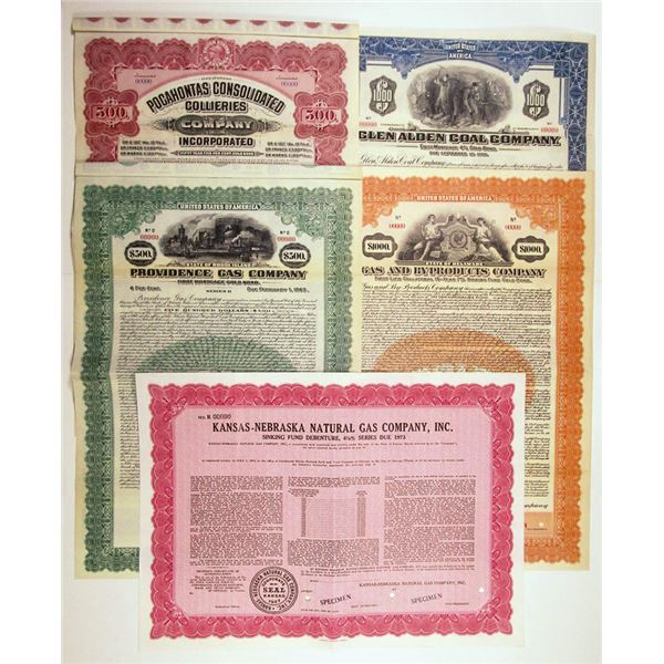 Kansas, Virginia, Pennsylvania, and Rhode Island Assortment of 5 Specimen Mining & Gas Company Bonds