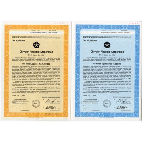 Chrysler Financial Corp., 1989, "Japanese Yen" Denomination Specimen Bond Pair