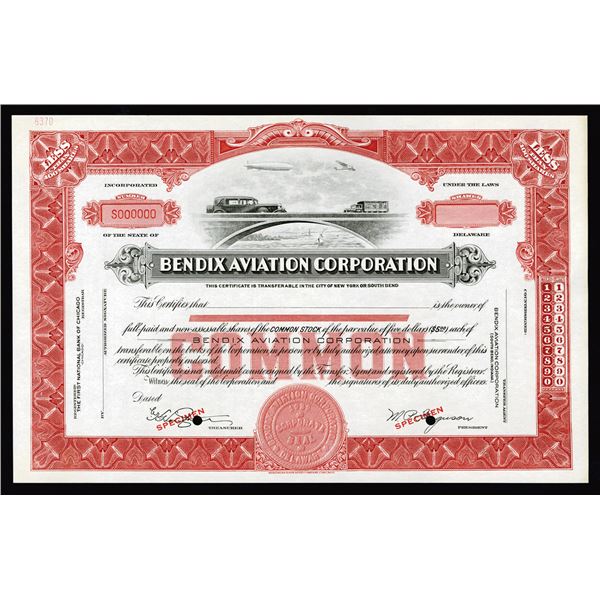 Bendix Aviation Corporation ca 1920 30 #39 s Specimen Stock Certificate Bendix Aviation Corporation ca 1920 30 #39 s Specimen Stock Certificate