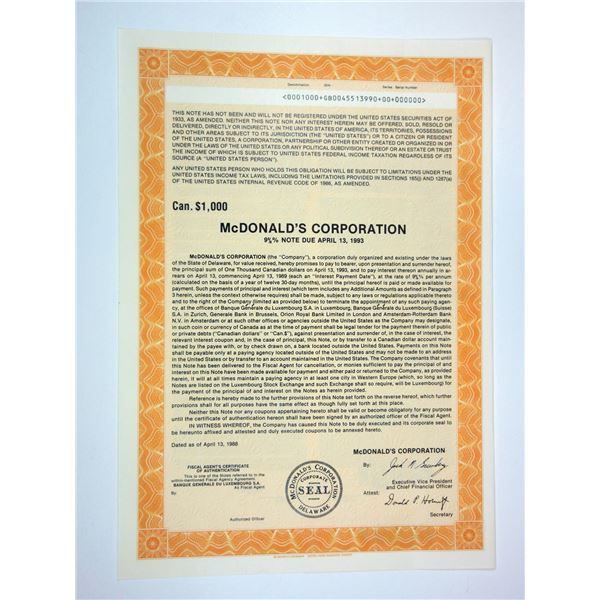 McDonald's Corp. 1988 Specimen Bond