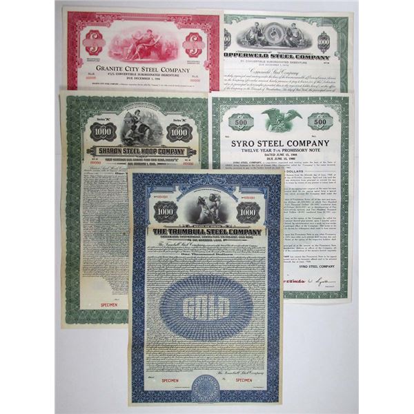 Ohio, Pennsylvania, and Delaware Assortment of 5 Specimen Steel Related Bonds, ca.1925-68