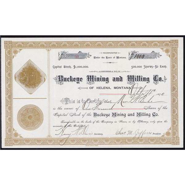 Buckeye Mining and Milling Co. Stock Certificate.