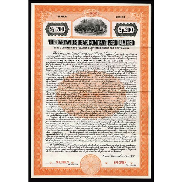 Cartavio Sugar Company (Peru) Limited, 1921 Specimen Coupon Bond Certificate.