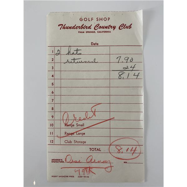 Desi Arnaz signed Thunderbird Country Club receipt