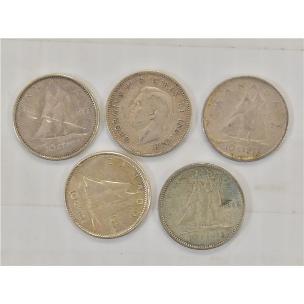LOT OF 5 CANADA SILVER DIMES