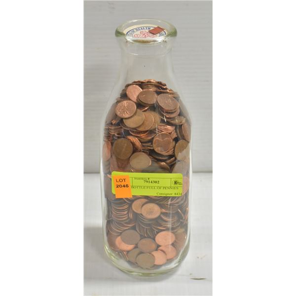 MILK BOTTLE FULL OF PENNIES