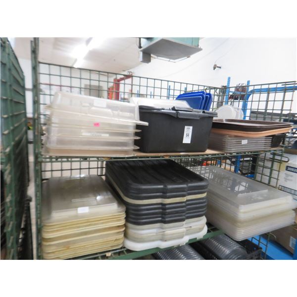 Lot & 2 Shelves of Trays, Lids, Baskets, Cambro Pans & Bus Tubs