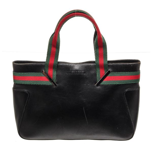 Gucci Black Leather Web Handbag