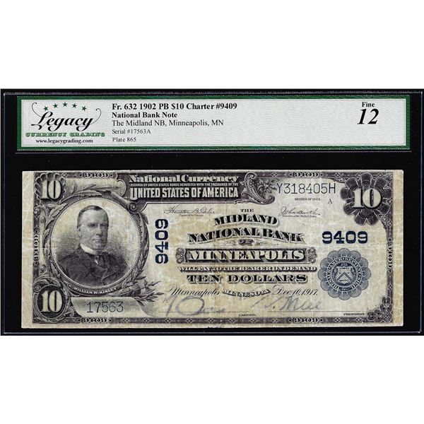 1902 $10 Midland NB of Minneapolis, MN CH# 9409 Fr.632 National Currency Note Fine 12