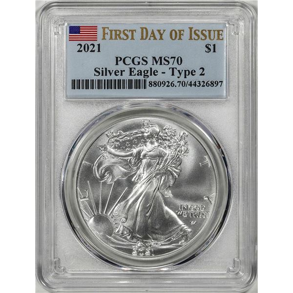 2021 Type 2 $1 American Silver Eagle Coin PCGS MS70 First Day of Issue