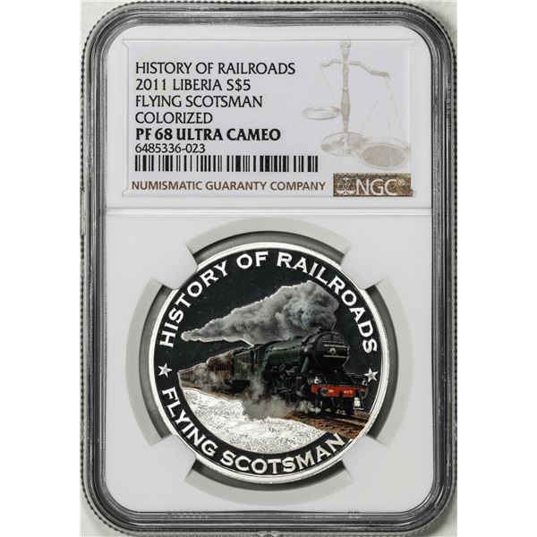 2011 Liberia $5 History of Railroads Flying Scotsman Silver Coin NGC PF68 Ultra Cameo