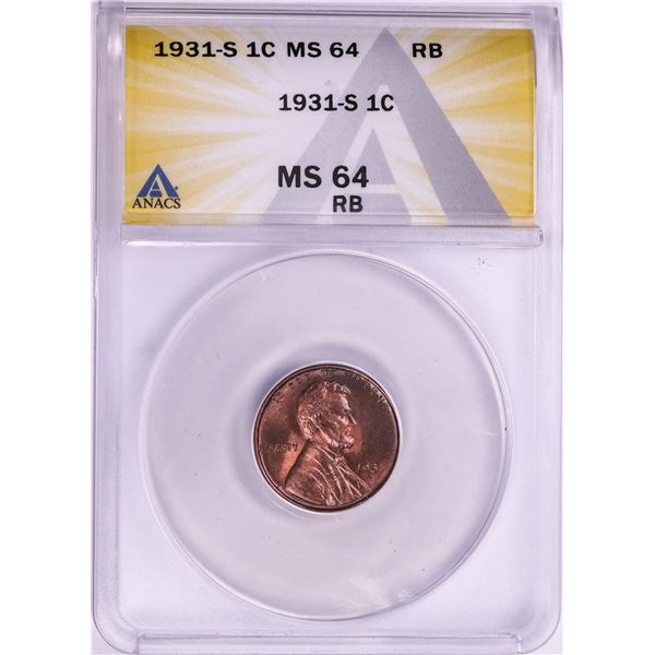 1931-S Lincoln Wheat Cent Coin ANACS MS64 RB