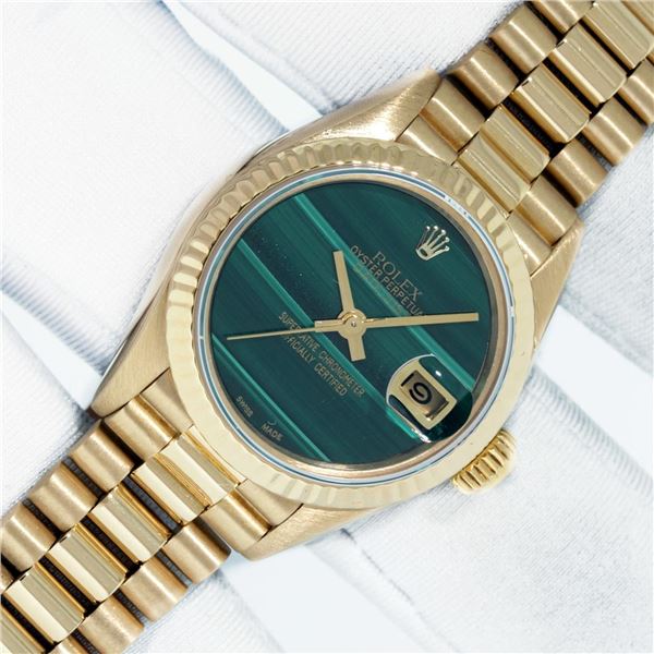 Rolex Ladies 18K Yellow Gold Malachite Dial President Wristwatch with Rolex Box