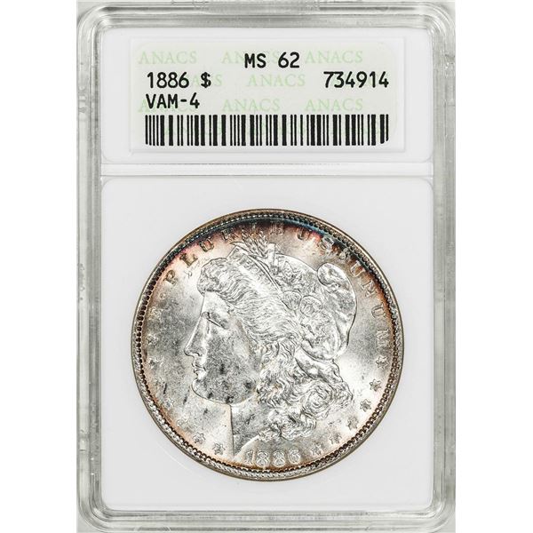 1886 VAM-4 $1 Morgan Silver Dollar Coin ANACS MS62 Old Soap Box Holder