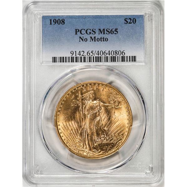1908 No Motto $20 St. Gaudens Double Eagle Gold Coin PCGS MS65