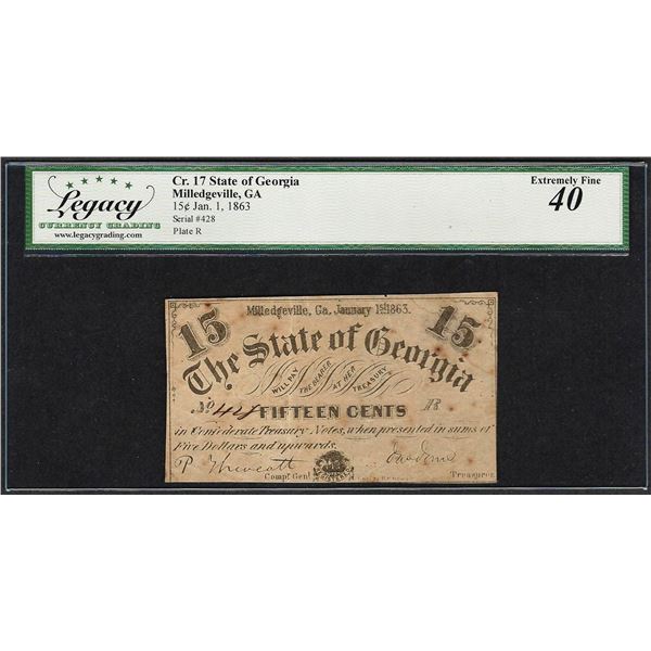 1863 15 Cents State of Georgia Milledgeville Obsolete Note Legacy Extremely Fine 40