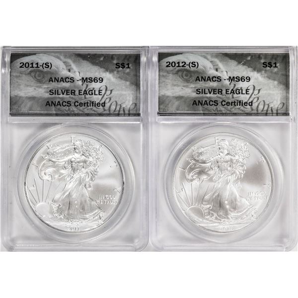 Lot of 2011-(S) & 2012-(S) $1 American Silver Eagle Coins ANACS MS69 San Francisco