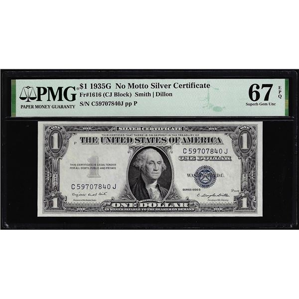 1935G No Motto Silver Certificate Note Fr.1616 PMG Superb Gem Uncirculated 67EPQ