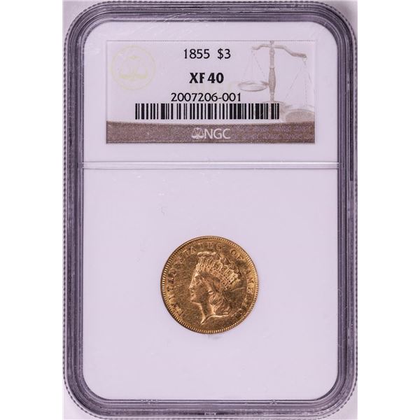 1855 $3 Indian Princess Head Gold Coin NGC XF40