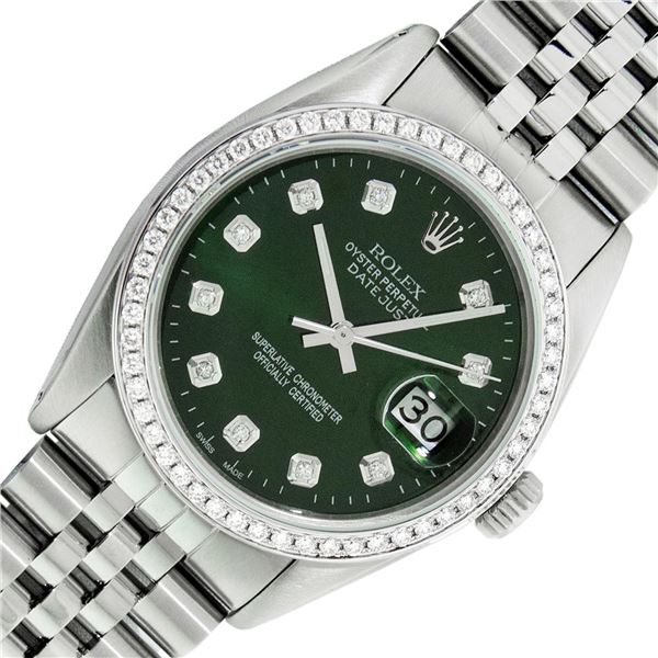 Rolex Stainless Steel Men's Green Diamond Datejust Wristwatch