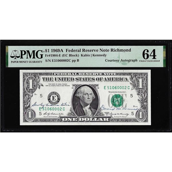 1969A $1 Federal Reserve Note PMG Choice Uncirculated 64 Dual Courtesy Autograph