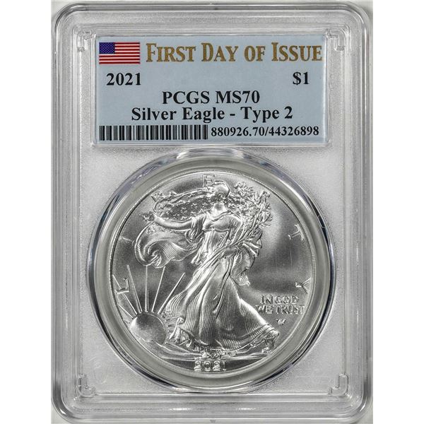 2021 Type 2 $1 American Silver Eagle Coin PCGS MS70 First Day of Issue