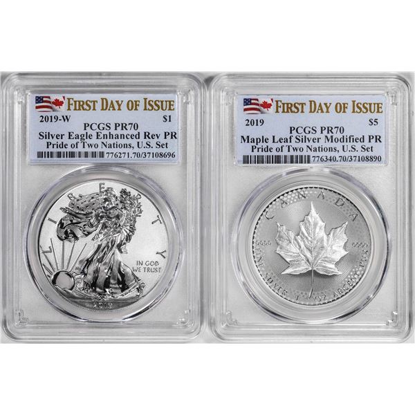 2019 Pride of Two Nations (2) Coin Proof Silver Eagle & Maple Leaf Set PCGS PR70 FDOI
