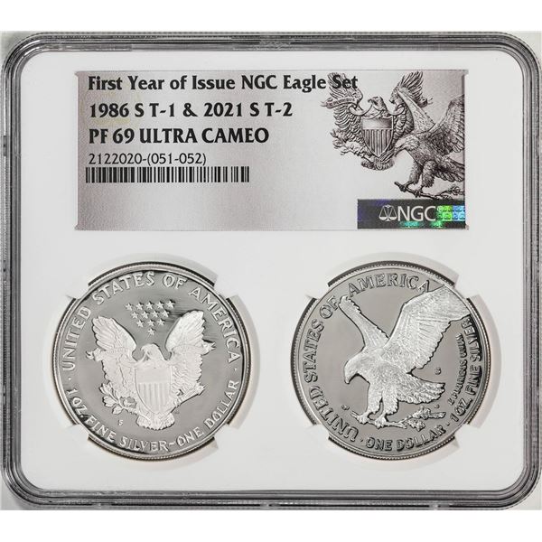 1986-S & 2021-S First Year of Issue $1 Proof Silver Eagle Coin Set NGC PF69 Ultra Cameo