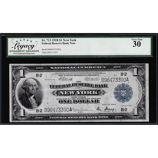 1918 $1 Federal Reserve Bank Note New York Fr.713 Legacy Very Fine 30