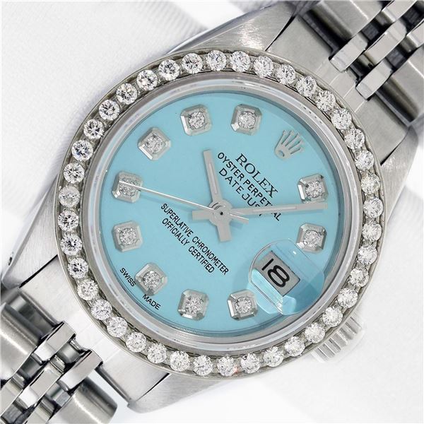 Rolex Ladies Stainless Steel Blue Diamond Datejust Wristwatch