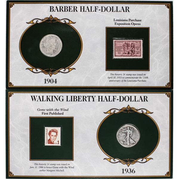 Lot of 1904-O Barber & 1936 Waking Liberty Half Dollar Coins and Stamp Panels