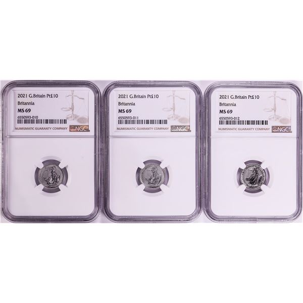 Lot of (3) 2021 Great Britain 10 Pounds Britannia 1/10oz Platinum Coins NGC MS69
