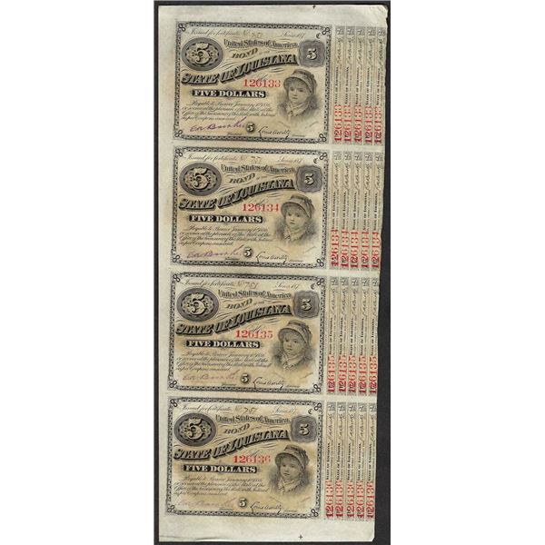 Uncut Sheet of (4) State of Louisiana Baby Bond Obsolete Notes