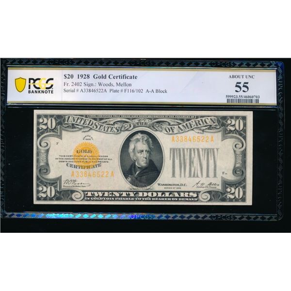 1928 $20 Gold Certificate PCGS 55