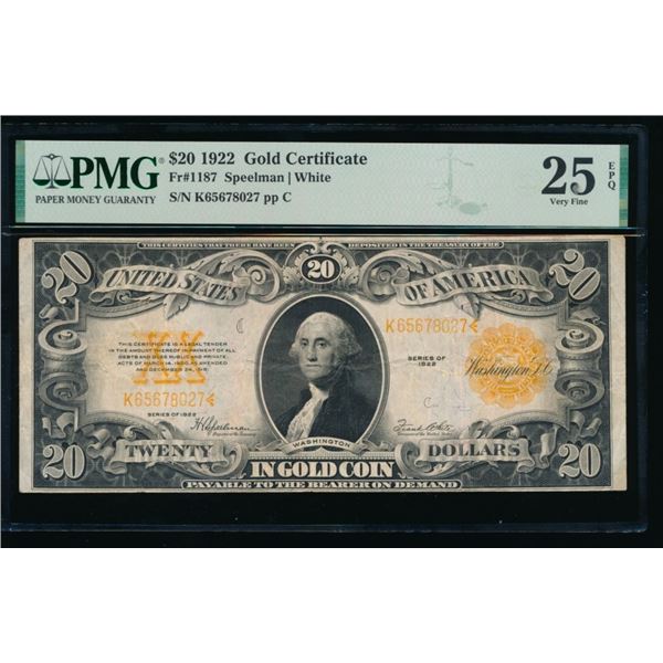 1922 $20 Gold Certificate PMG 25EPQ