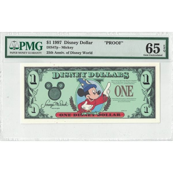 1997 $1 Sorcerer Mickey Proof Disney Dollar PMG 65EPQ