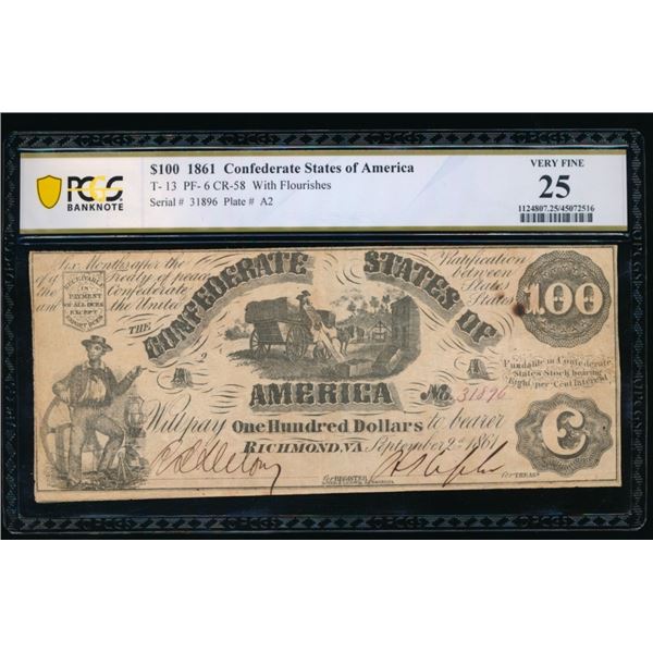 1861 $100 T-13 Confederate PCGS 25