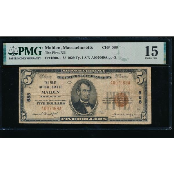 1929 $5 Malden MA National PMG 15