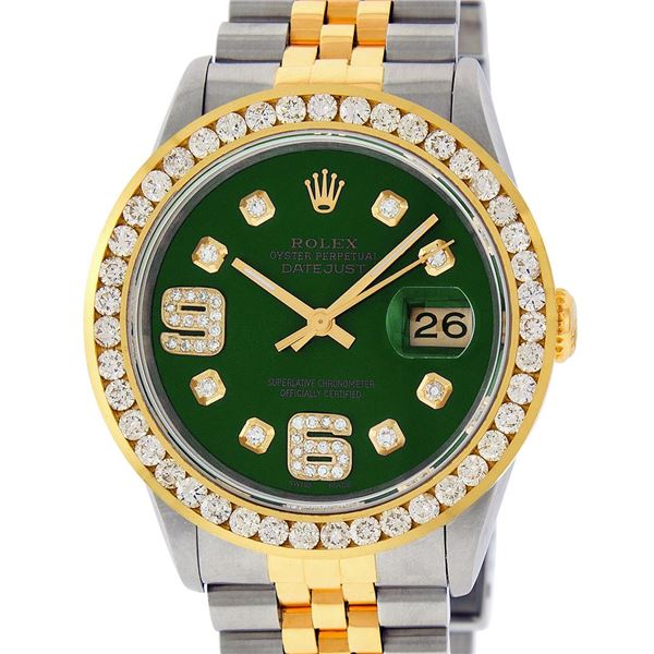 Rolex Mens Stainless Steel and Yellow Gold Green VVS Diamond 36mm Datejust